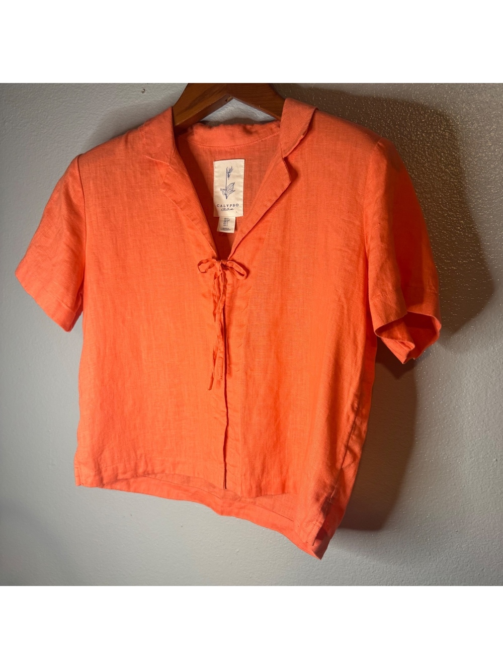 Calypso St. Barth Orange 100% Linen Tie Front Shirt Women’s Size Small - Picture 5 of 8